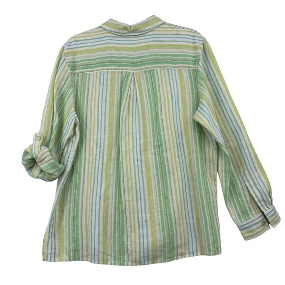 Studio Works Linen Blouse Womens Size L Green Stripe Button Up Roll Tab Sleeves - Picture 7 of 11